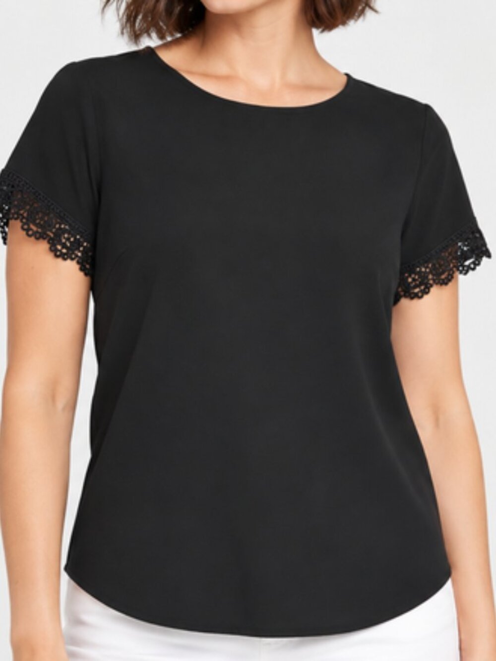 Van Heusen Black Short Sleeve Blouse with Lace Detail, Size Medium